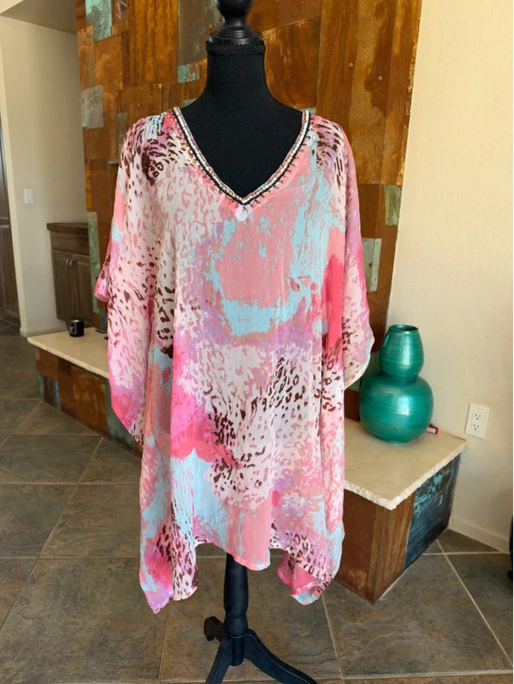 Sol And Mer Beaded Tunic Pink Jaguar Print OS